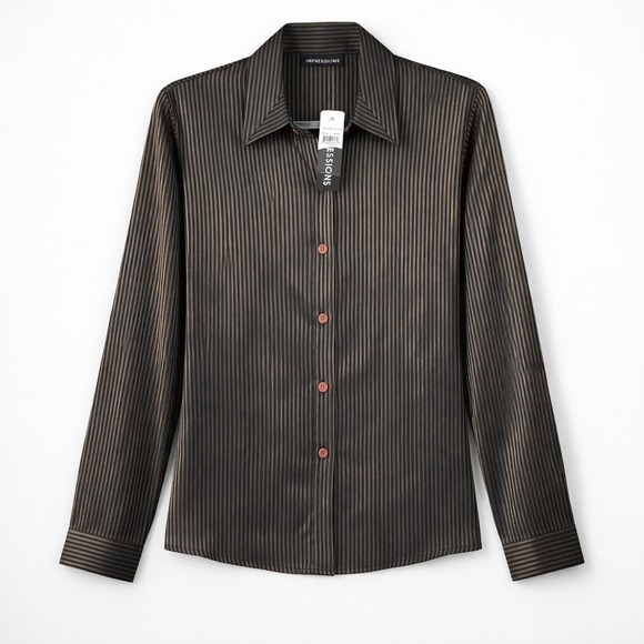 Impressions Tops - Vtg Gold Black Striped Button Down Long Sleeve Shirt L Metallic Y2K Indie Sleaze